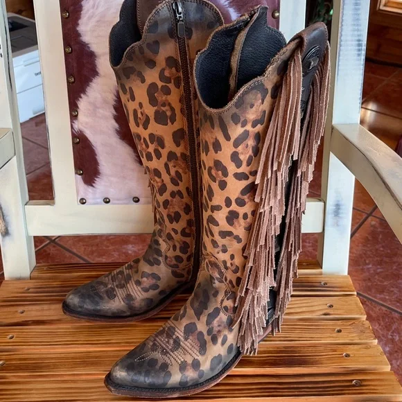 Liberty Black Ophelia Chita Miel Leopard
Print Leather Fringe Boots Size 8 - Picture 1 of 7